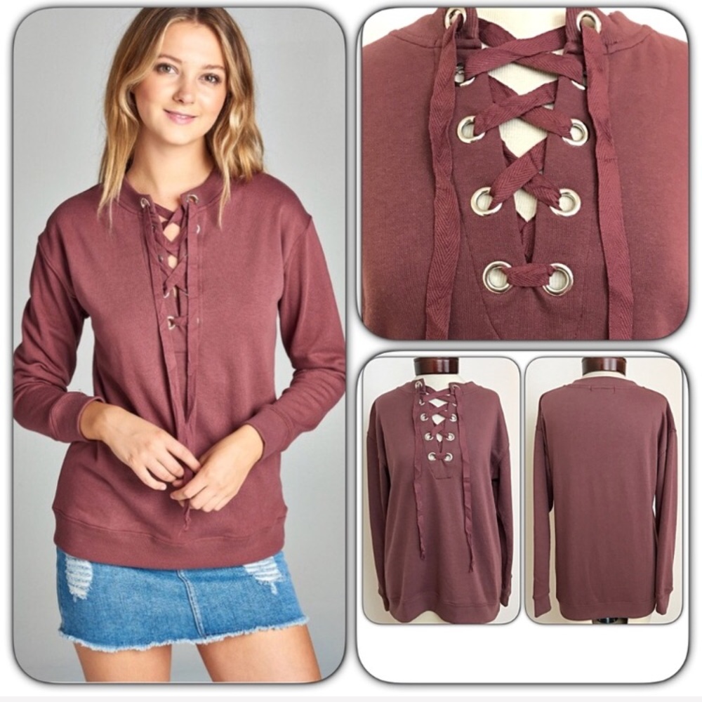 Date Night Marsala Soft Lace Up Top S - Picture 6 of 6